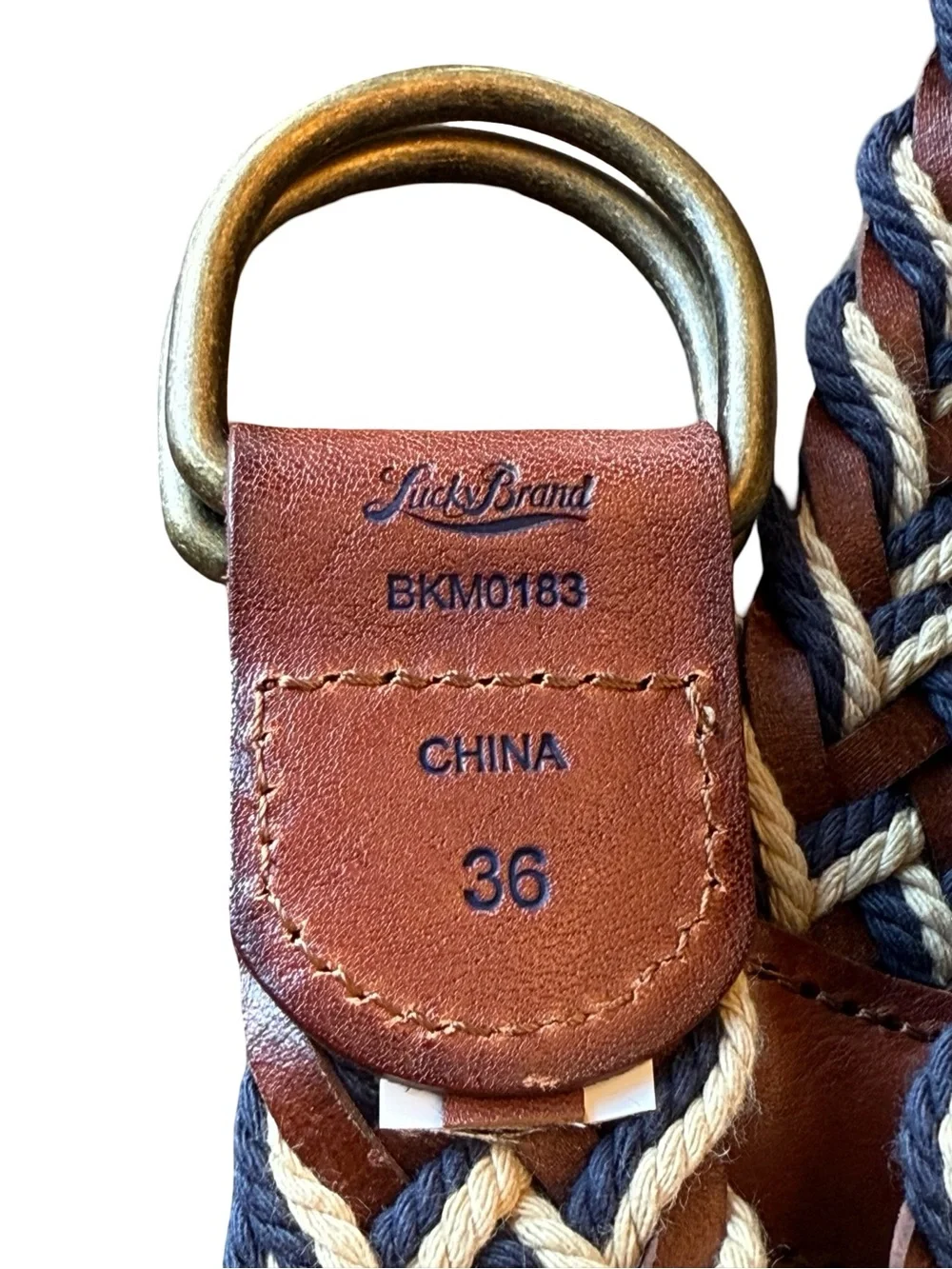 Lucky Brand Braided Leather Rope D Ring Belt Size 36 Brown Navy Cream Woven